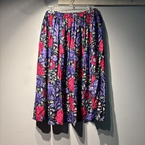 Vintage Midi Skirt Pleated Blue Pink Purple Floral Elastic Waist Artsy 90's Sz14